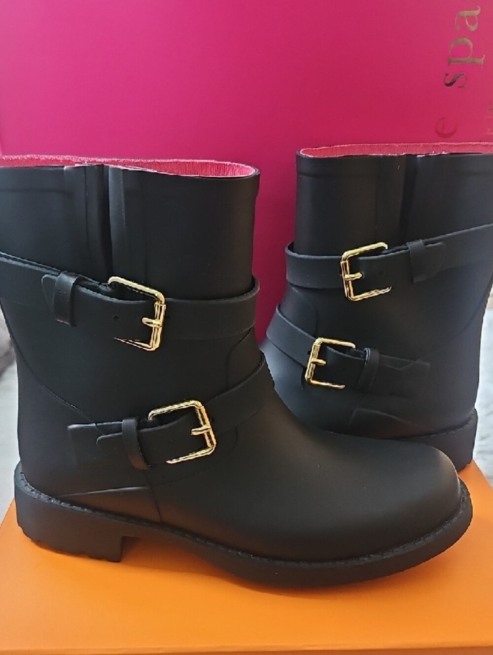 kate spade Black Ankle Rain Booties with Gold Buckles